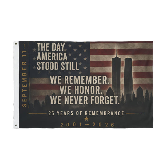Double-Sided 9/11 Remembrance Flag — "We Remember. We Honor. We Never Forget."