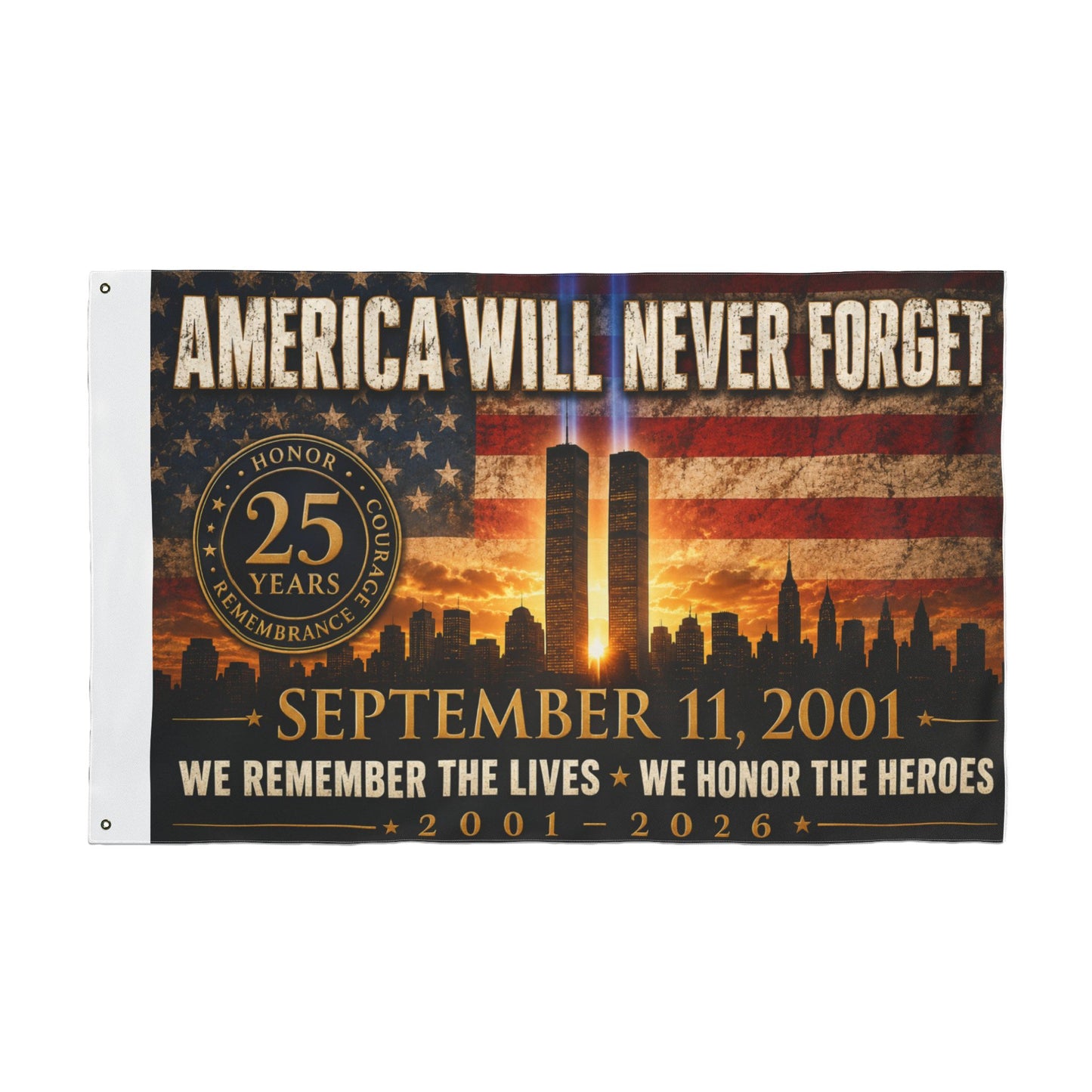 September 11 Memorial Flag - "America Will Never Forget" Double-Sided Tribute