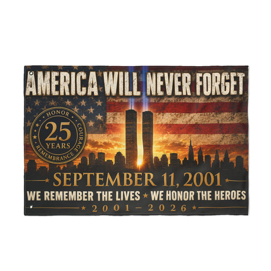 September 11 Memorial Flag - "America Will Never Forget" Double-Sided Tribute