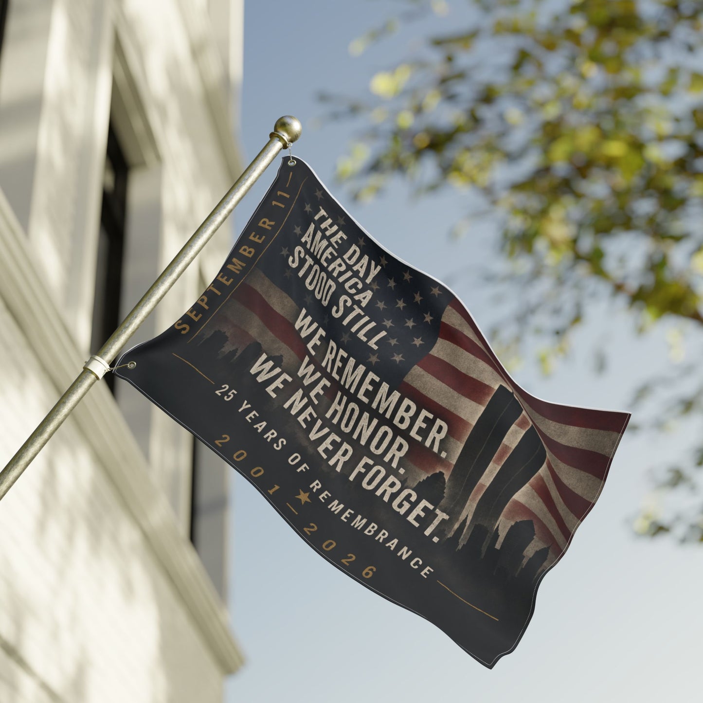 Double-Sided 9/11 Remembrance Flag — "We Remember. We Honor. We Never Forget."