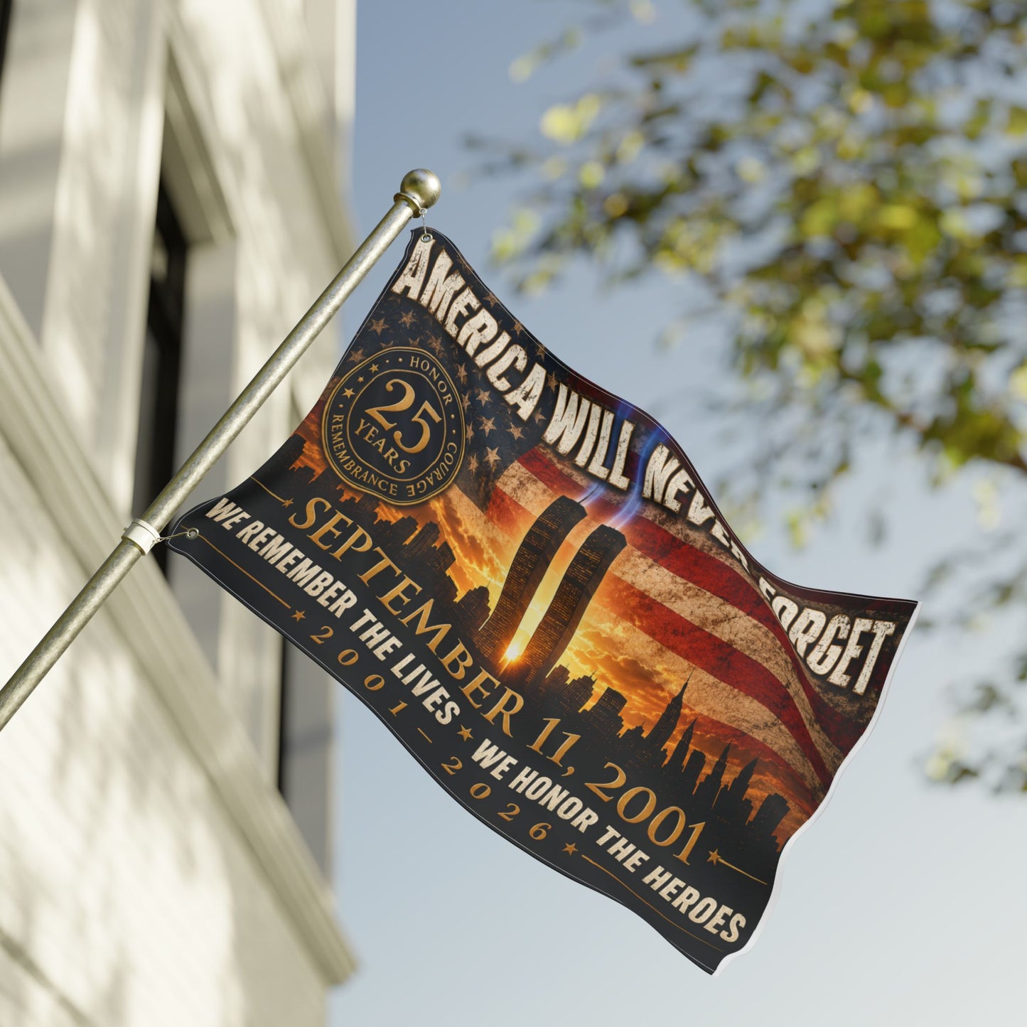 September 11 Memorial Flag - "America Will Never Forget" Double-Sided Tribute