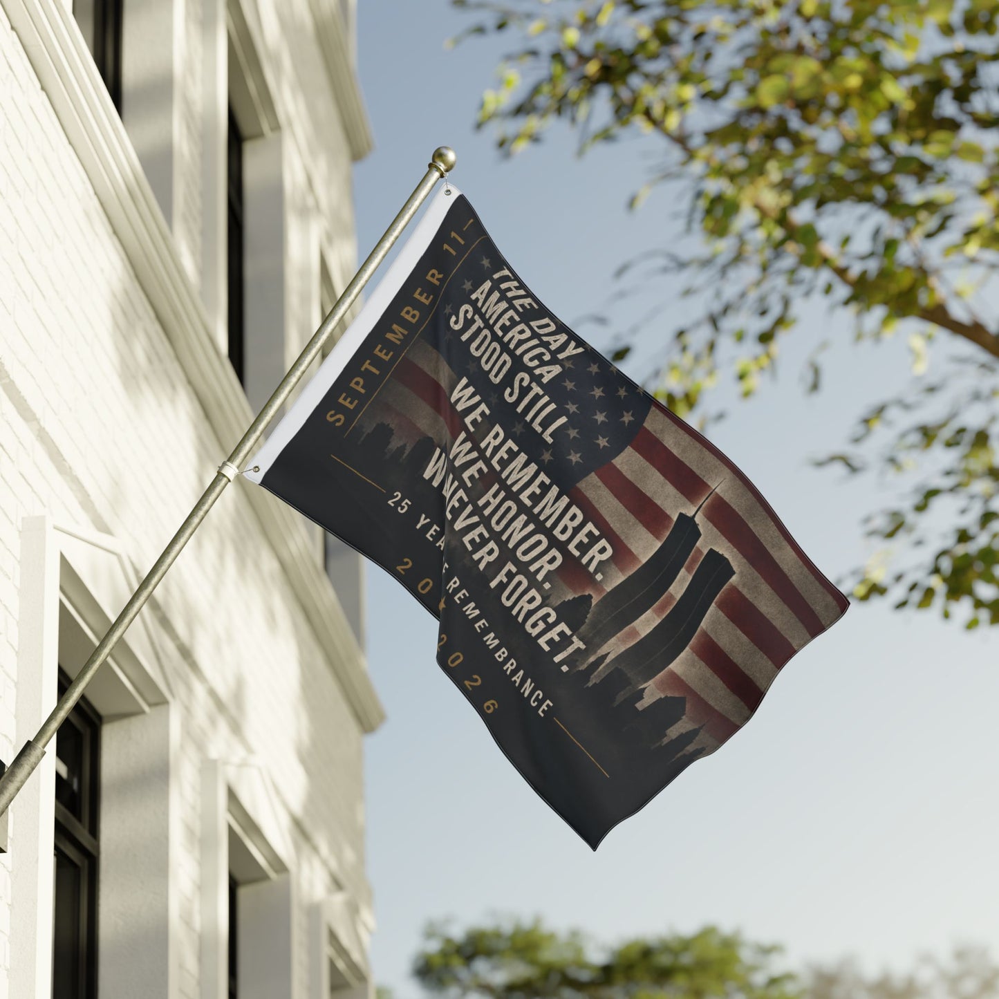 Double-Sided 9/11 Remembrance Flag — "We Remember. We Honor. We Never Forget."