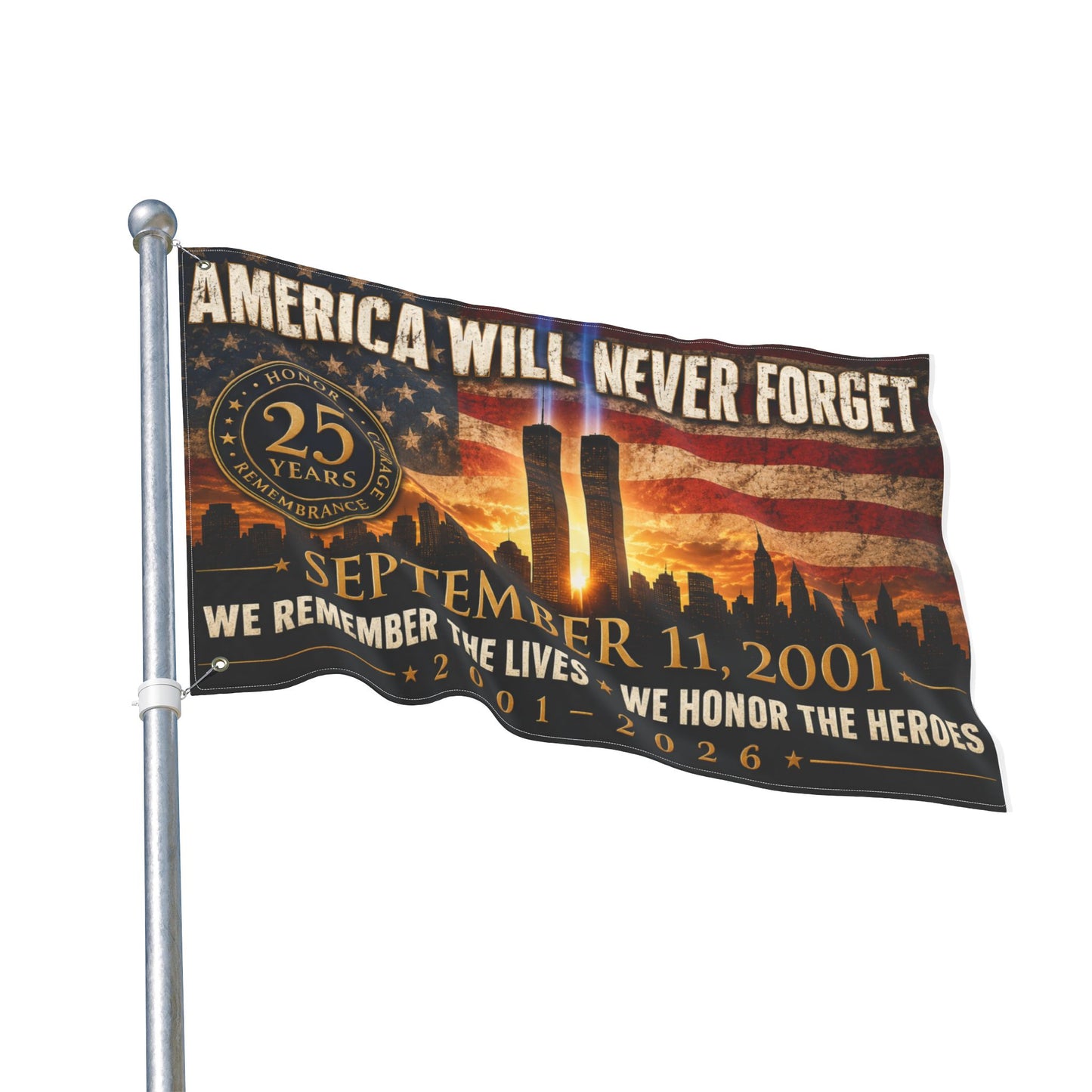 September 11 Memorial Flag - "America Will Never Forget" Double-Sided Tribute