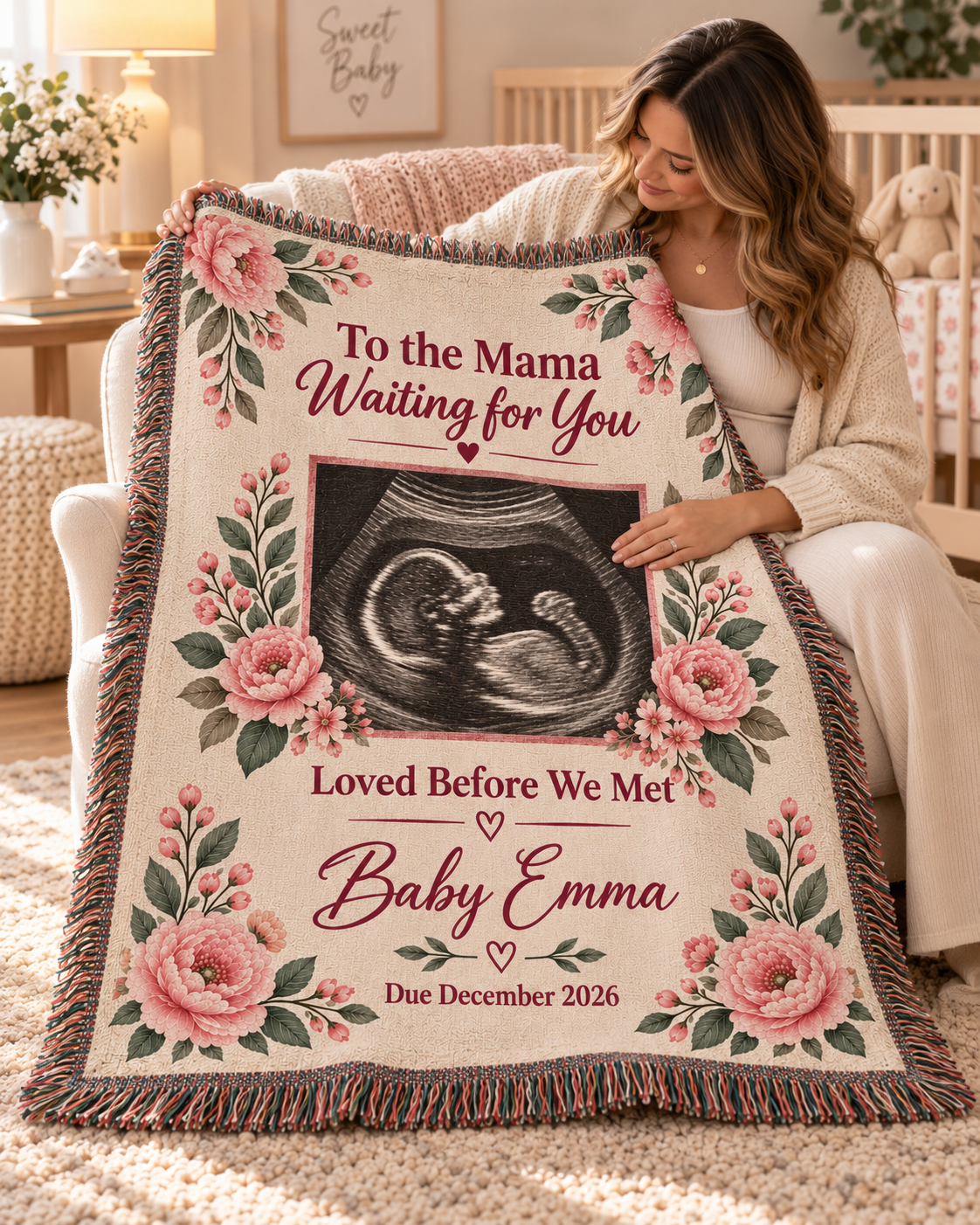 Personalized Baby Ultrasound Woven Blanket (girl)– “Loved Before We Met" Heirloom Keepsake