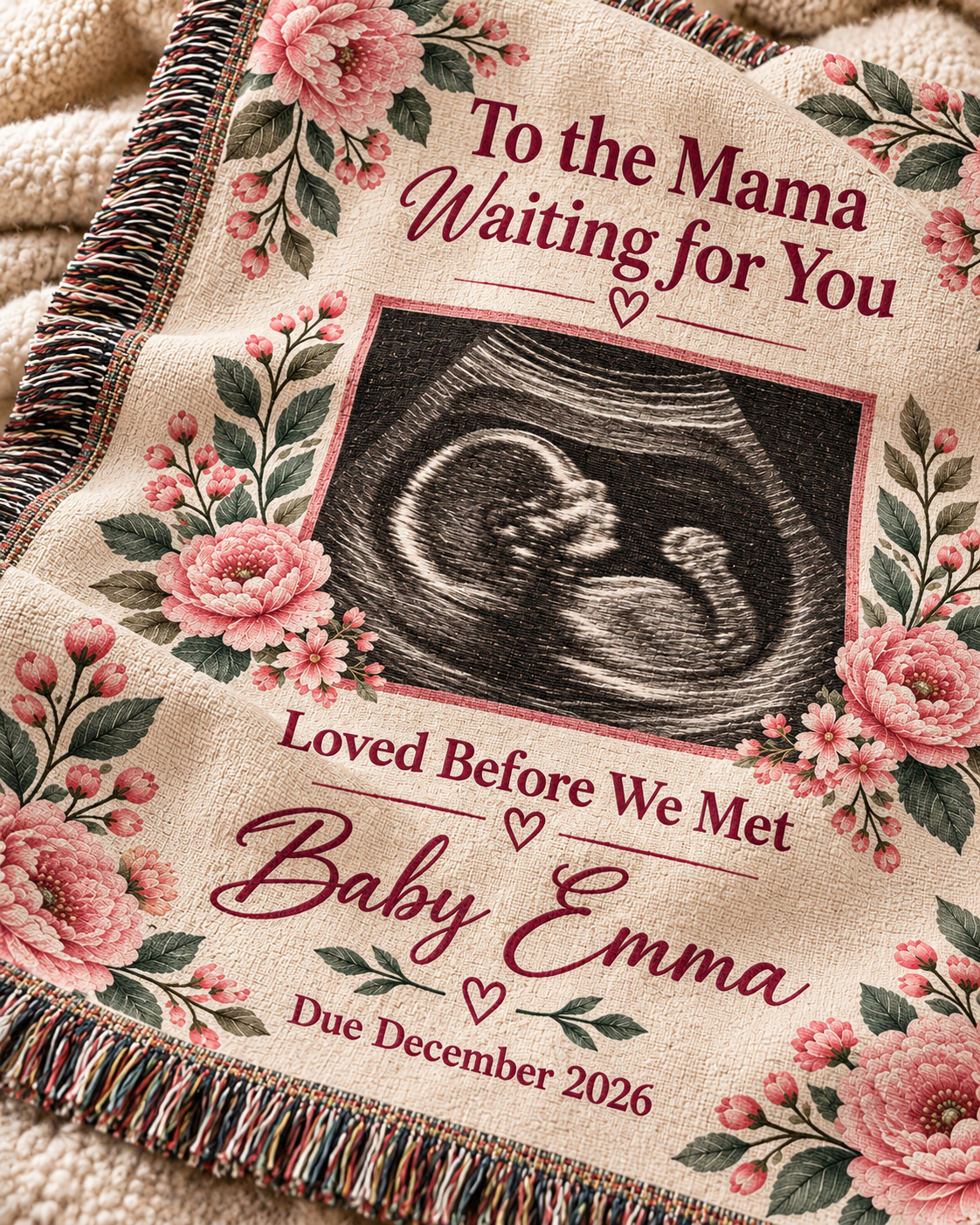 Personalized Baby Ultrasound Woven Blanket (girl)– “Loved Before We Met" Heirloom Keepsake