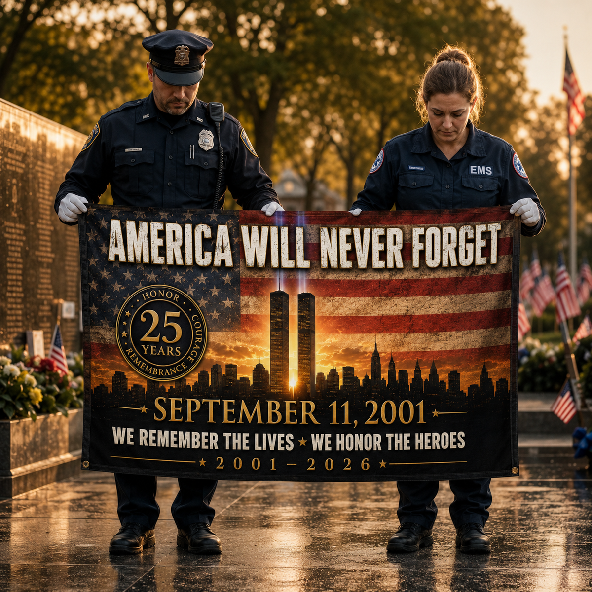 September 11 Memorial Flag - "America Will Never Forget" Double-Sided Tribute