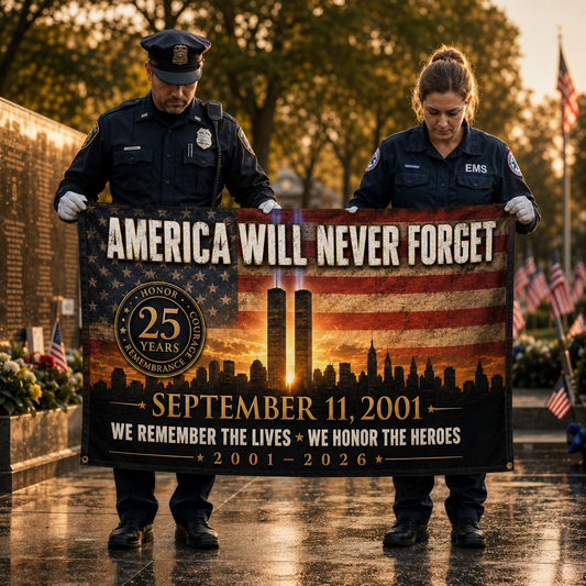 September 11 Memorial Flag - "America Will Never Forget" Double-Sided Tribute
