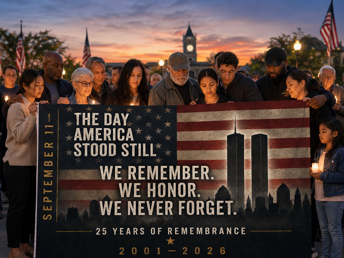 Double-Sided 9/11 Remembrance Flag — "We Remember. We Honor. We Never Forget."