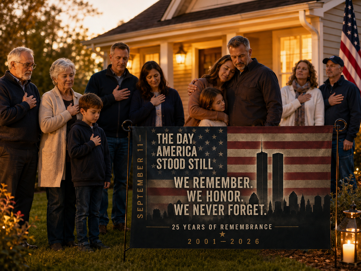 Double-Sided 9/11 Remembrance Flag — "We Remember. We Honor. We Never Forget."
