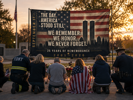 Double-Sided 9/11 Remembrance Flag — "We Remember. We Honor. We Never Forget."