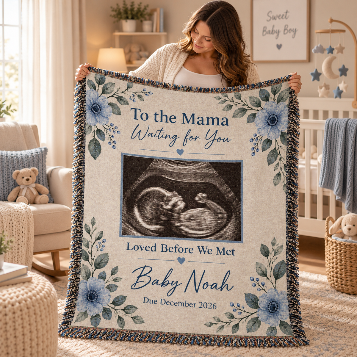 Personalized Baby Ultrasound Woven Blanket (Boy)– “Loved Before We Met" Heirloom Keepsake